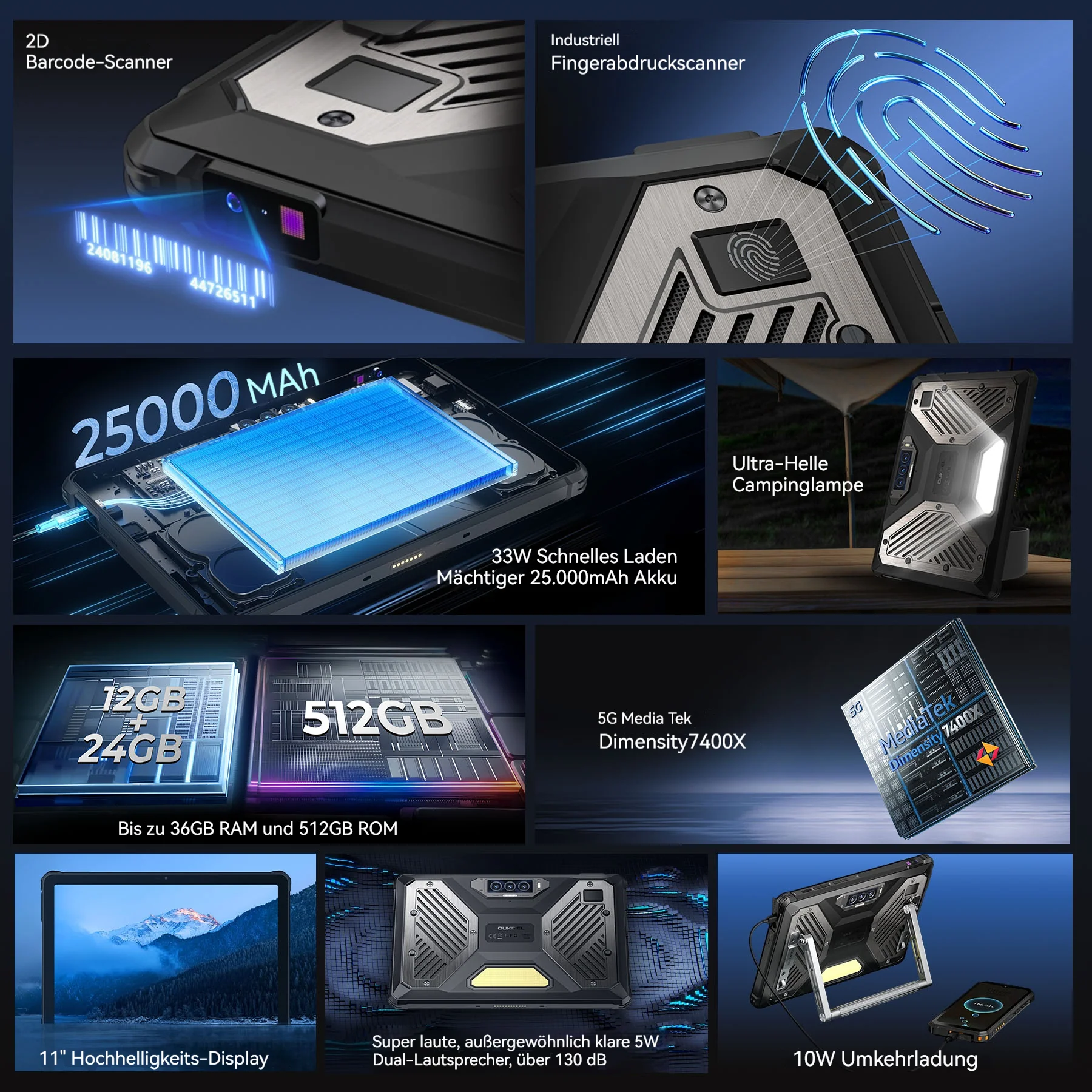 OUKITEL RT10 Industry 5G Rugged Tablet – 11-Zoll-Display, Dimensity 7400X, 25.000-mAh-Akku, 64-MP-Kamera, Android 15 (12 GB + 512 GB) - Image 6