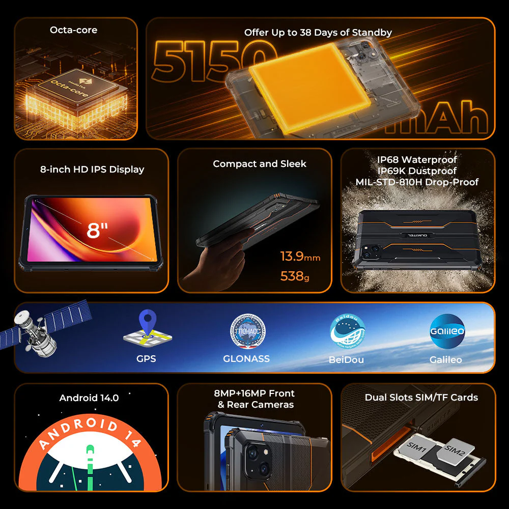 OUKITEL RT3 PRO Rugged Tablet 8-inch 5150 mAh Battery Android 14 NFC - Image 4